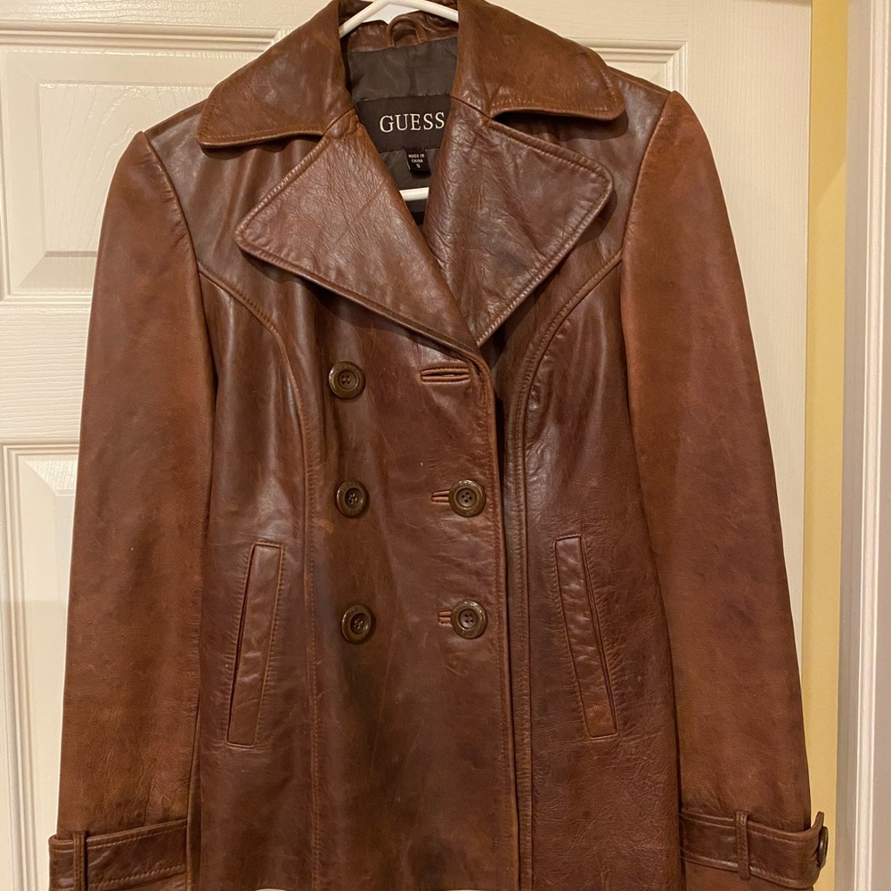 GUESS Genuine Leather Coat Brown